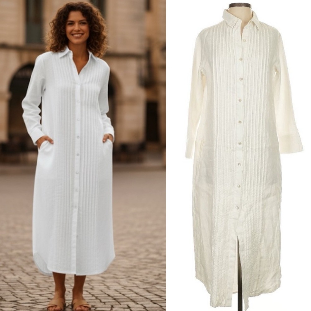 NEW Lanhtropy Long Sleeve Linen Maxi Shirt Dress with Pockets M